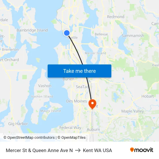 Mercer St & Queen Anne Ave N to Kent WA USA map