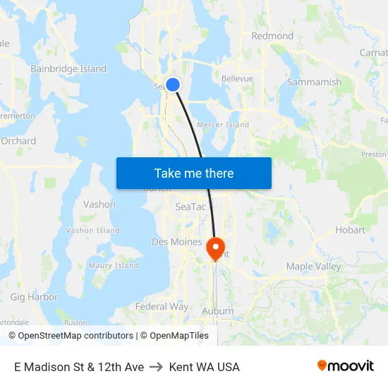 E Madison St & 12th Ave to Kent WA USA map
