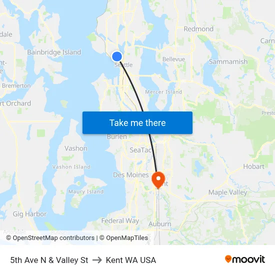 5th Ave N & Valley St to Kent WA USA map