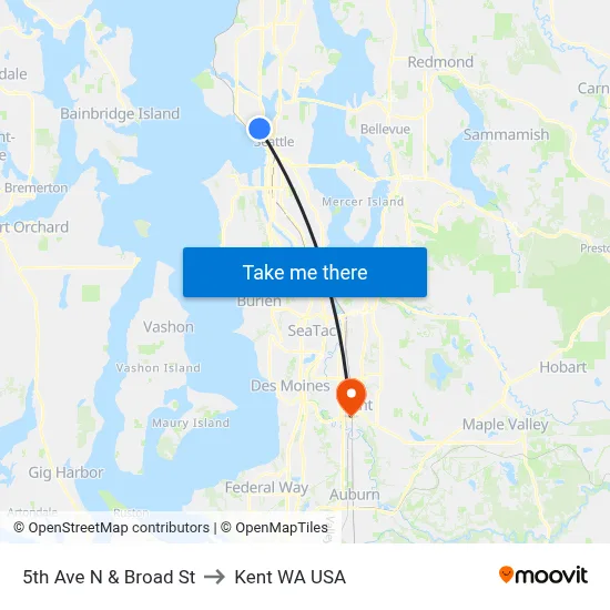 5th Ave N & Broad St to Kent WA USA map