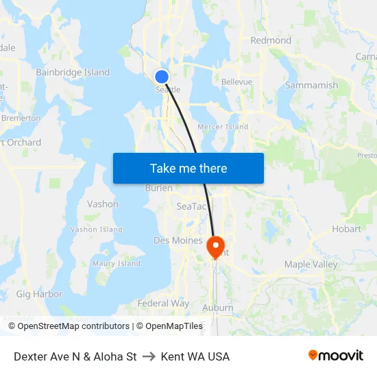 Dexter Ave N & Aloha St to Kent WA USA map