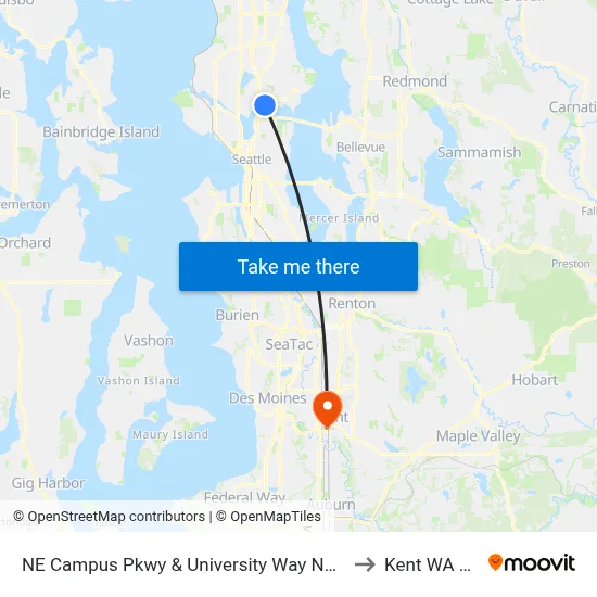 NE Campus Pkwy & University Way NE - Bay 2 to Kent WA USA map