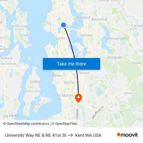 University Way NE & NE 41st St to Kent WA USA map