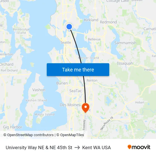 University Way NE & NE 45th St to Kent WA USA map