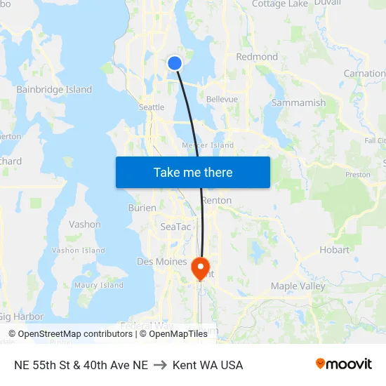 NE 55th St & 40th Ave NE to Kent WA USA map