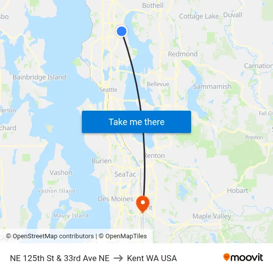 NE 125th St & 33rd Ave NE to Kent WA USA map