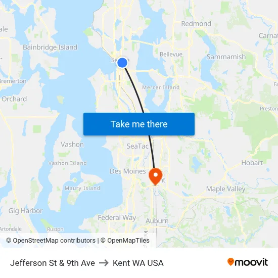 Jefferson St & 9th Ave to Kent WA USA map