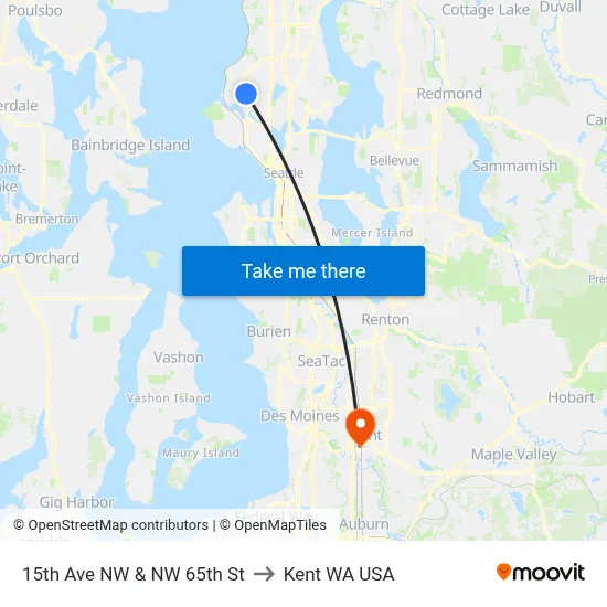 15th Ave NW & NW 65th St to Kent WA USA map