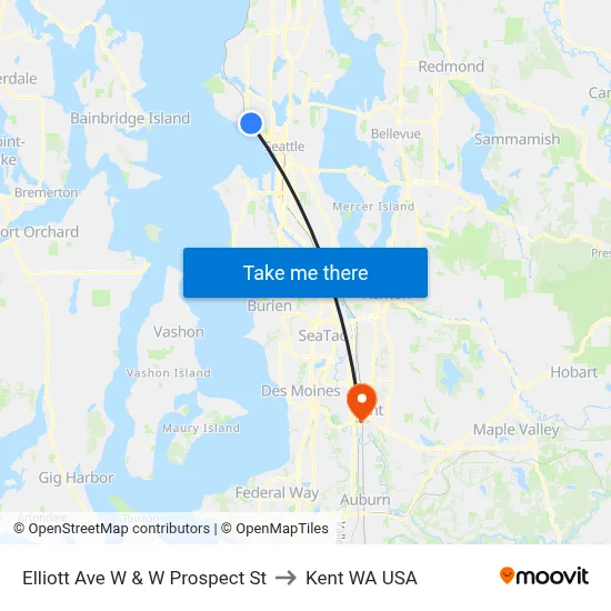 Elliott Ave W & W Prospect St to Kent WA USA map