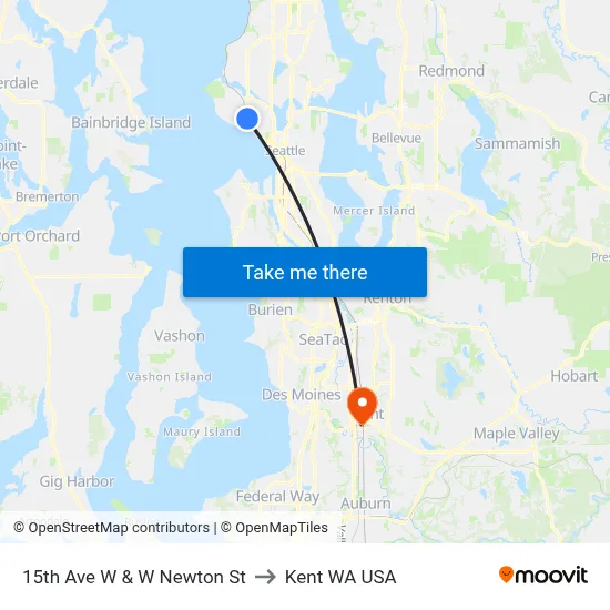 15th Ave W & W Newton St to Kent WA USA map