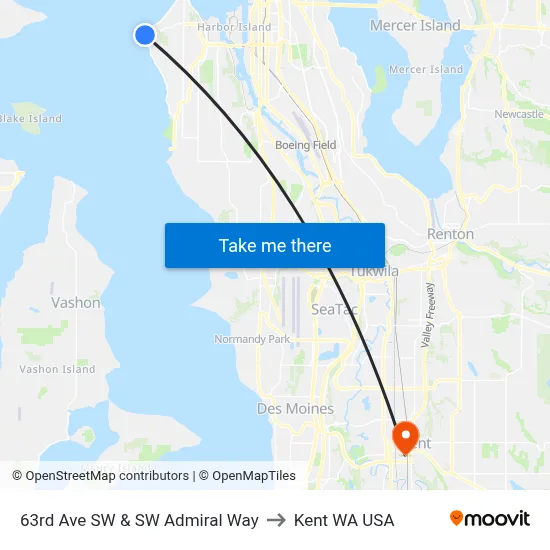 63rd Ave SW & SW Admiral Way to Kent WA USA map