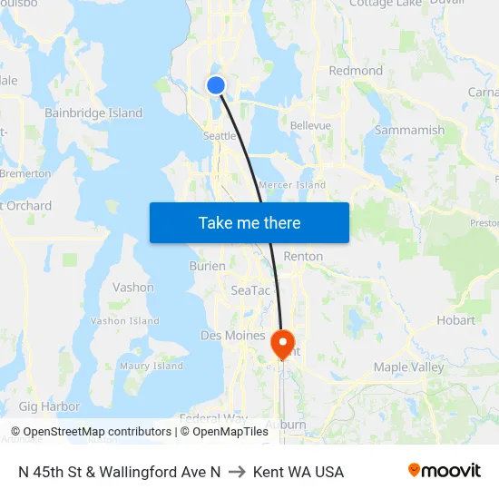 N 45th St & Wallingford Ave N to Kent WA USA map
