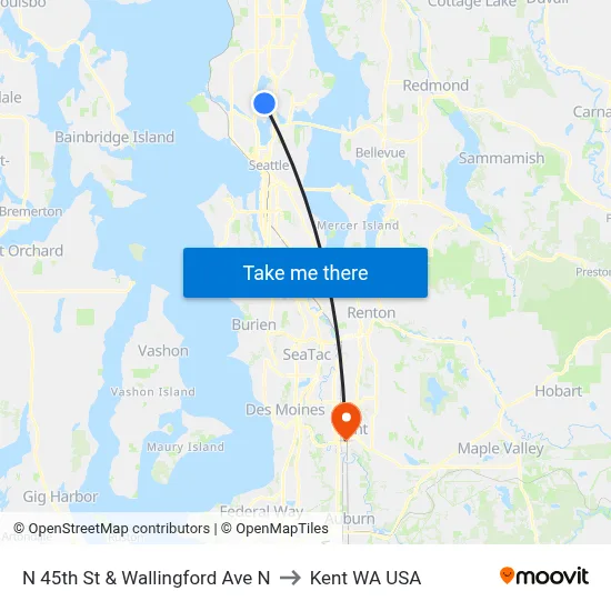 N 45th St & Wallingford Ave N to Kent WA USA map