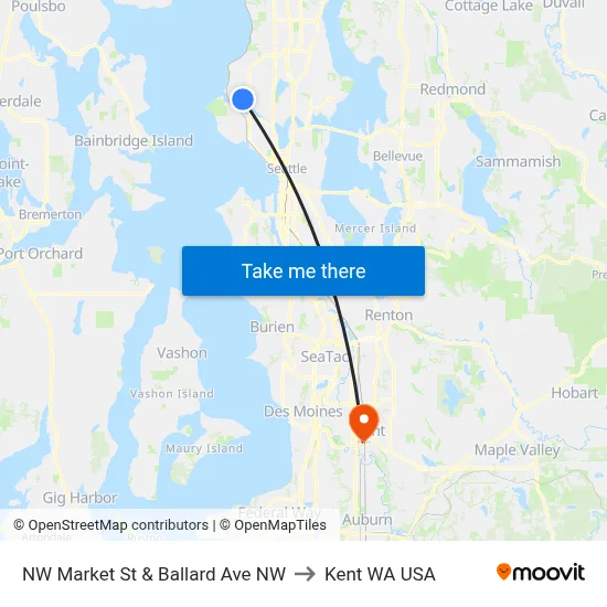 NW Market St & Ballard Ave NW to Kent WA USA map