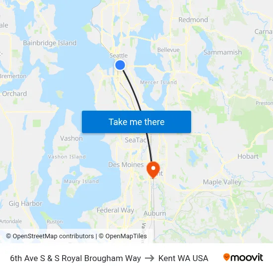 6th Ave S & S Royal Brougham Way to Kent WA USA map
