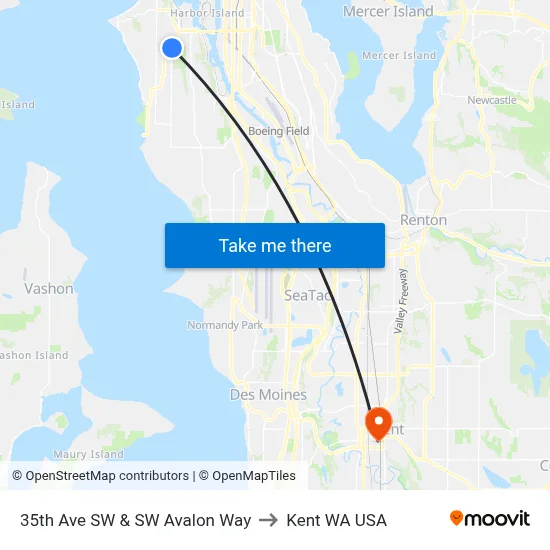 35th Ave SW & SW Avalon Way to Kent WA USA map