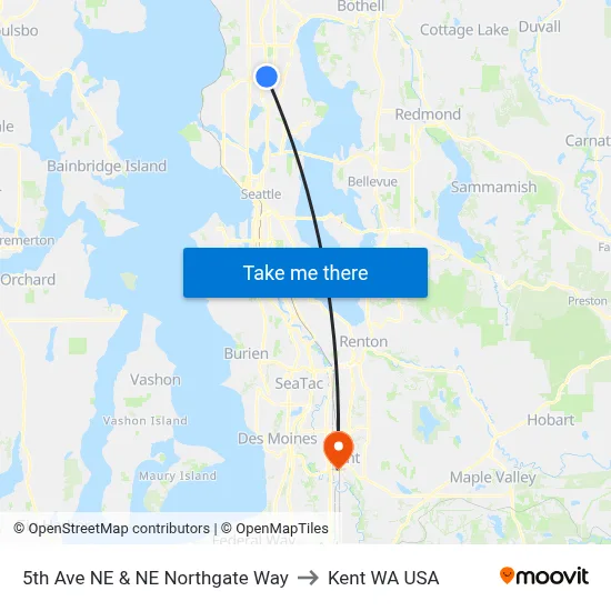 5th Ave NE & NE Northgate Way to Kent WA USA map