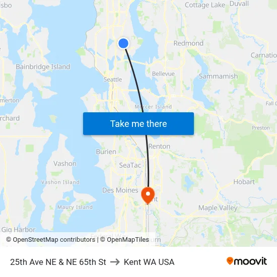 25th Ave NE & NE 65th St to Kent WA USA map