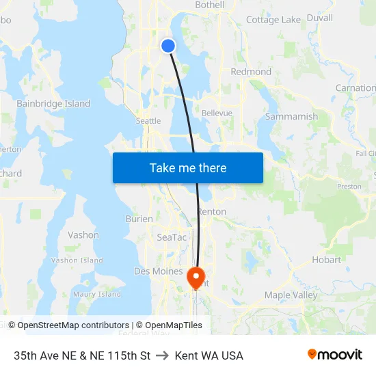 35th Ave NE & NE 115th St to Kent WA USA map