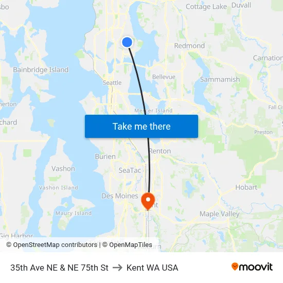35th Ave NE & NE 75th St to Kent WA USA map