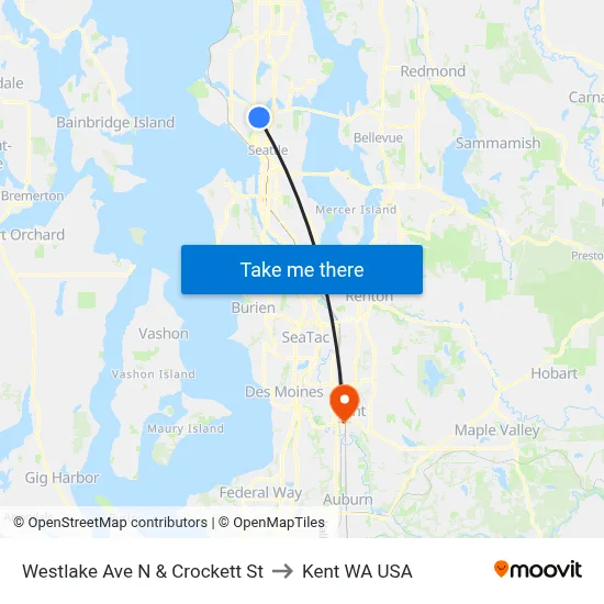 Westlake Ave N & Crockett St to Kent WA USA map