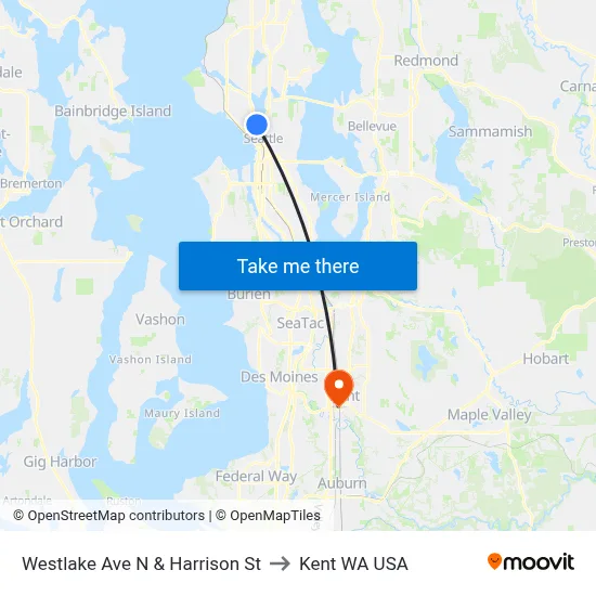 Westlake Ave N & Harrison St to Kent WA USA map