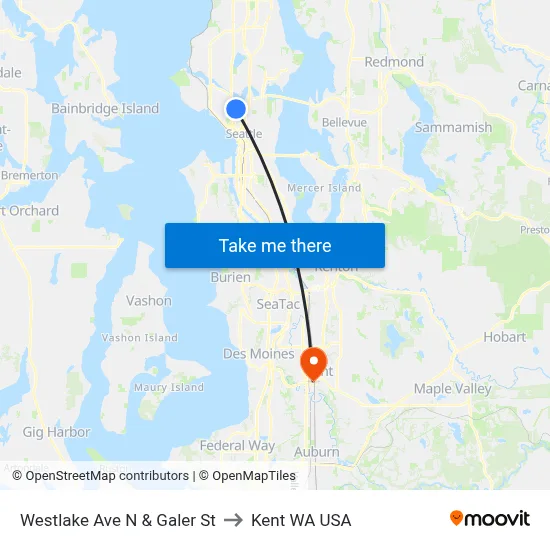 Westlake Ave N & Galer St to Kent WA USA map