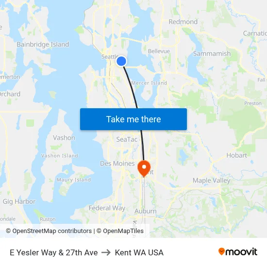 E Yesler Way & 27th Ave to Kent WA USA map