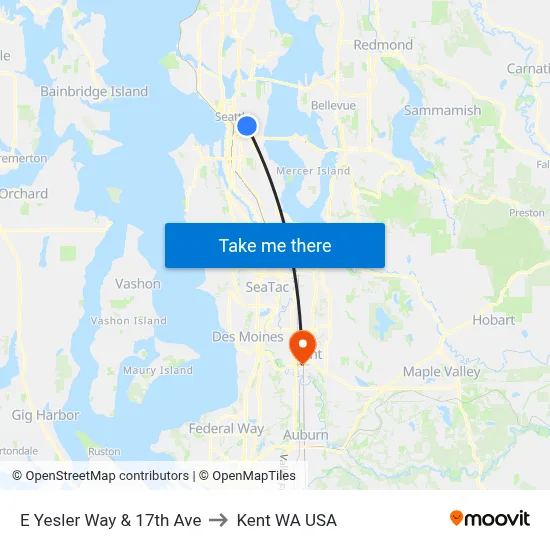 E Yesler Way & 17th Ave to Kent WA USA map