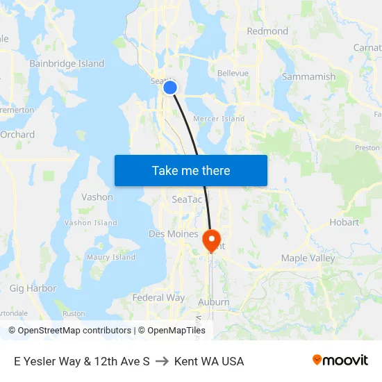 E Yesler Way & 12th Ave S to Kent WA USA map