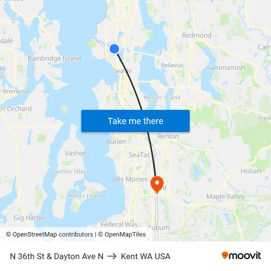 N 36th St & Dayton Ave N to Kent WA USA map