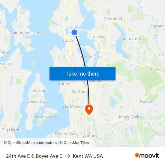 24th Ave E & Boyer Ave E to Kent WA USA map