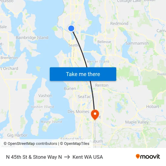 N 45th St & Stone Way N to Kent WA USA map