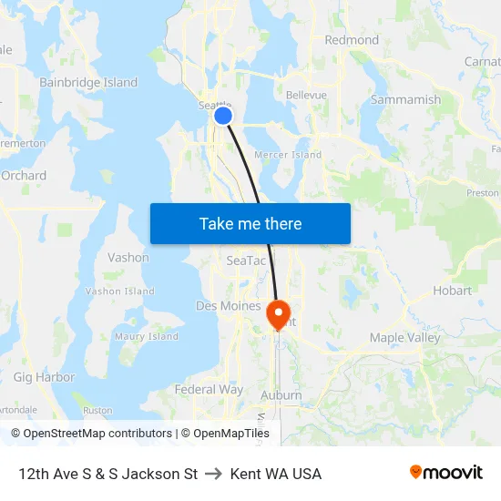 12th Ave S & S Jackson St to Kent WA USA map