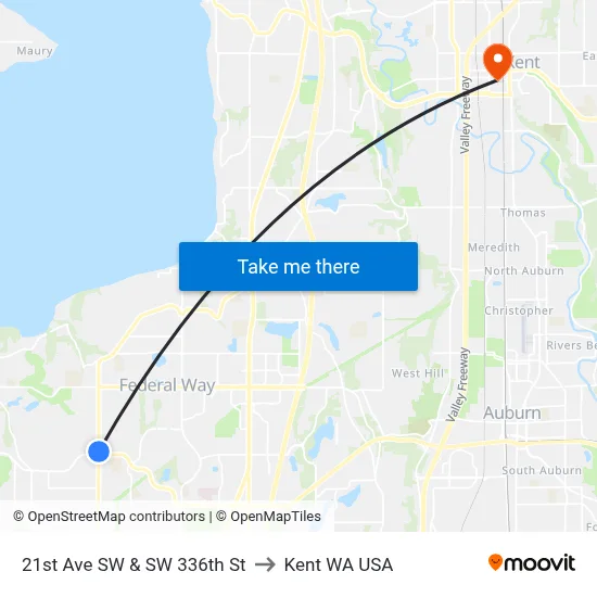 21st Ave SW & SW 336th St to Kent WA USA map