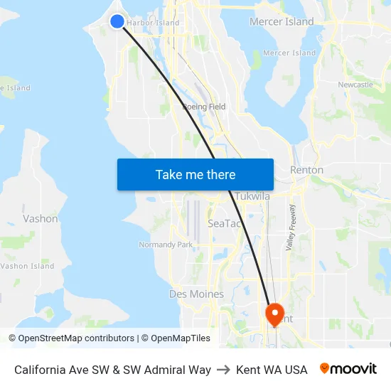 California Ave SW & SW Admiral Way to Kent WA USA map
