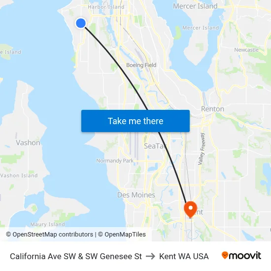California Ave SW & SW Genesee St to Kent WA USA map