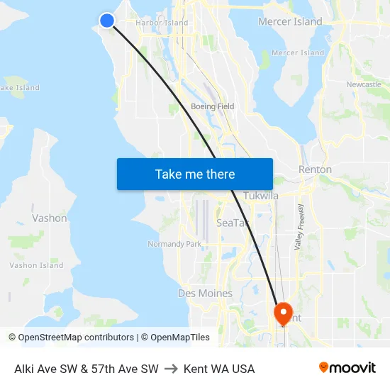 Alki Ave SW & 57th Ave SW to Kent WA USA map