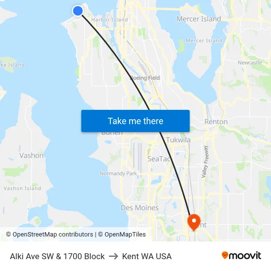 Alki Ave SW & 1700 Block to Kent WA USA map