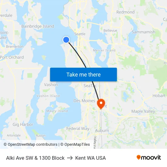 Alki Ave SW & 1300 Block to Kent WA USA map
