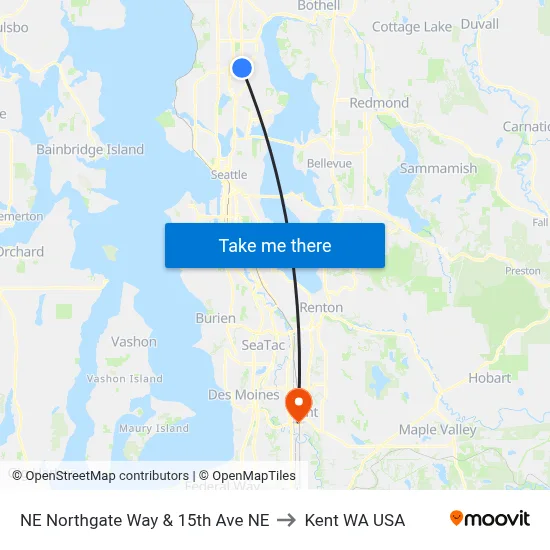 NE Northgate Way & 15th Ave NE to Kent WA USA map