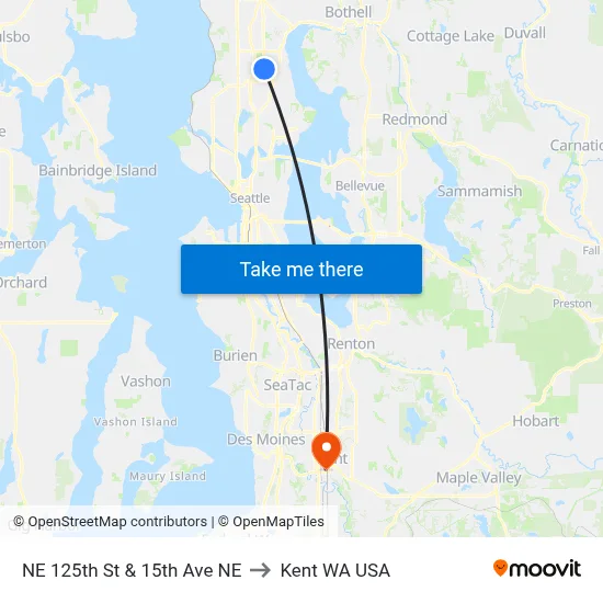 NE 125th St & 15th Ave NE to Kent WA USA map