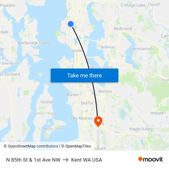 N 85th St & 1st Ave NW to Kent WA USA map