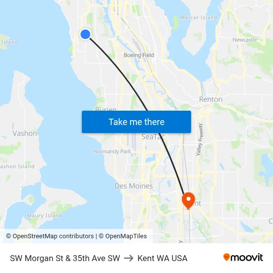 SW Morgan St & 35th Ave SW to Kent WA USA map