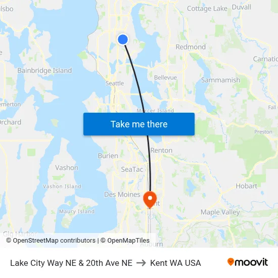 Lake City Way NE & 20th Ave NE to Kent WA USA map