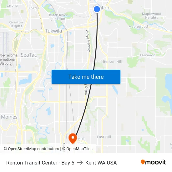 Renton Transit Center - Bay 5 to Kent WA USA map