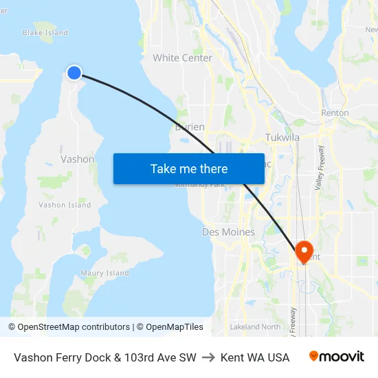 Vashon Ferry Dock & 103rd Ave SW to Kent WA USA map