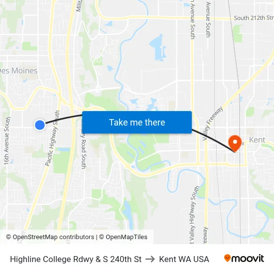 Highline College Rdwy & S 240th St to Kent WA USA map
