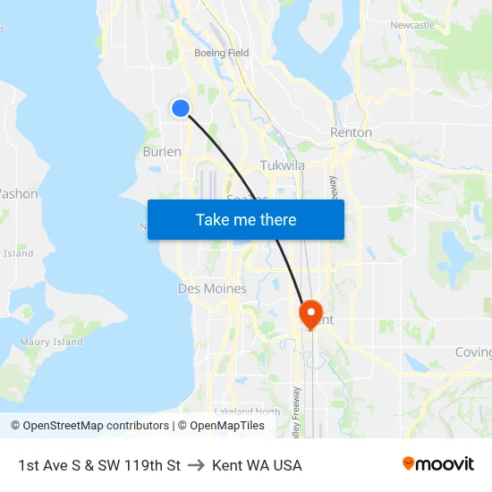 1st Ave S & SW 119th St to Kent WA USA map