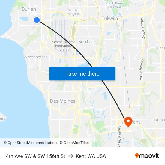 4th Ave SW & SW 156th St to Kent WA USA map